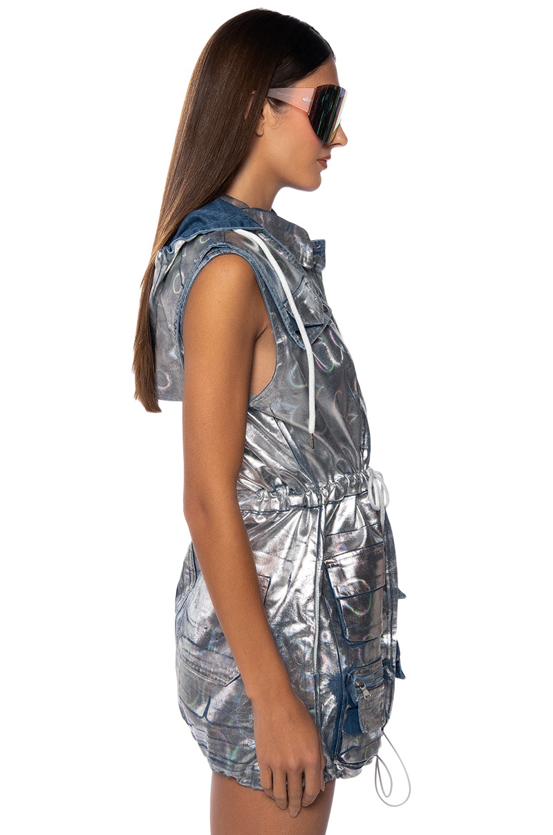 QUASAR FOIL EFFECT DENIM HOODIE MINI DRESS