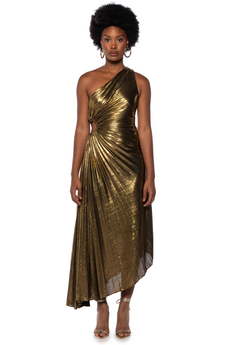 ELEVATE ME PLEATED CUT OUT METALLIC MIDI DRESS