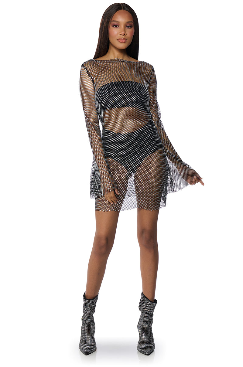 SHE ALL THAT RHINESTONE MESH MINI DRESS IN BLACK