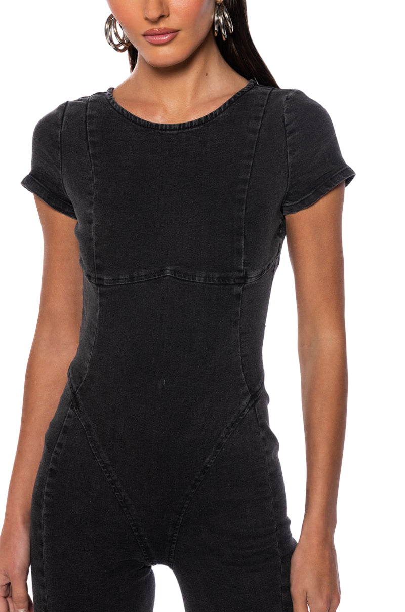 NEVER SLOWING DOWN DENIM JUMPSUIT