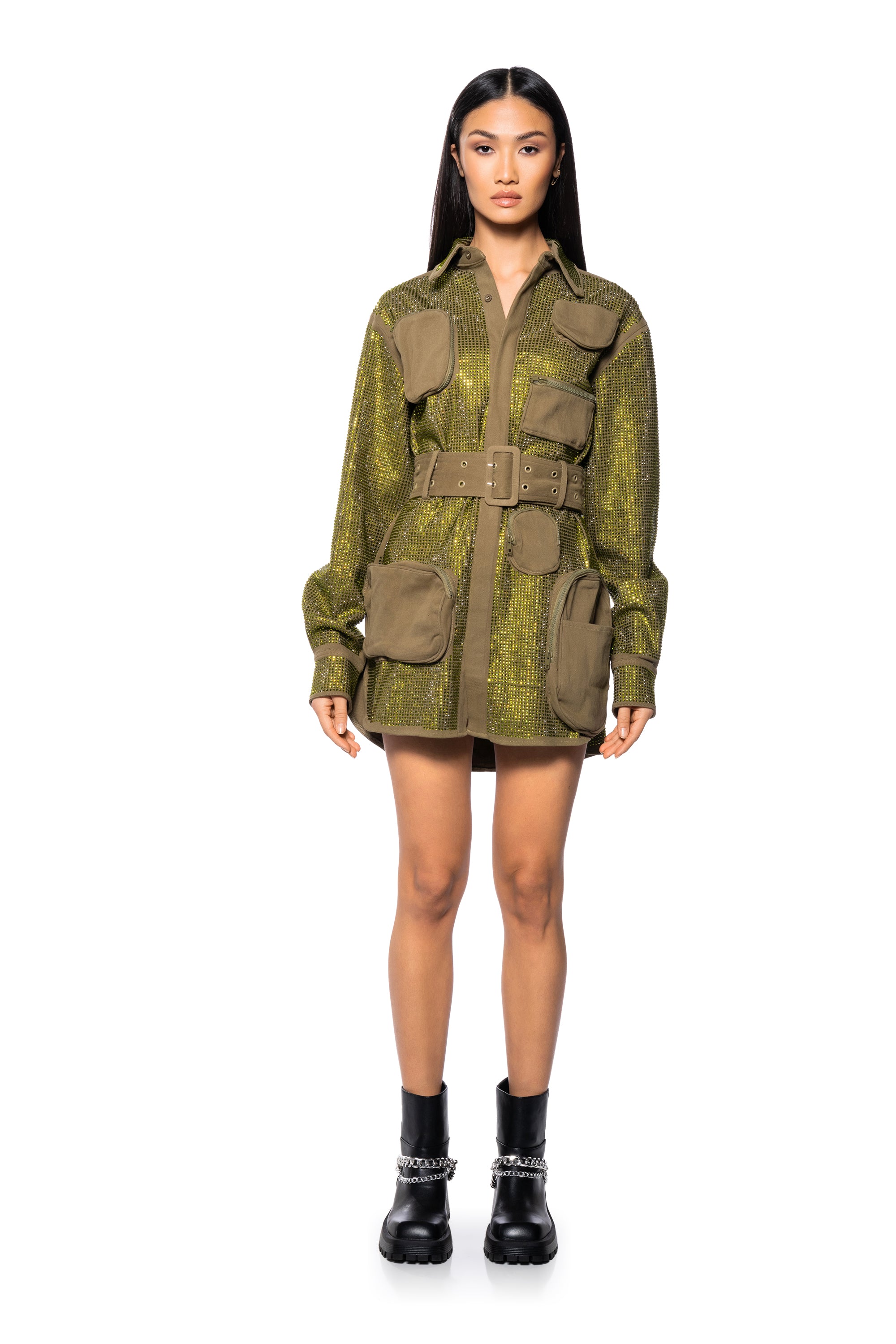 BLINGED OUT CARGO MINI DRESS
