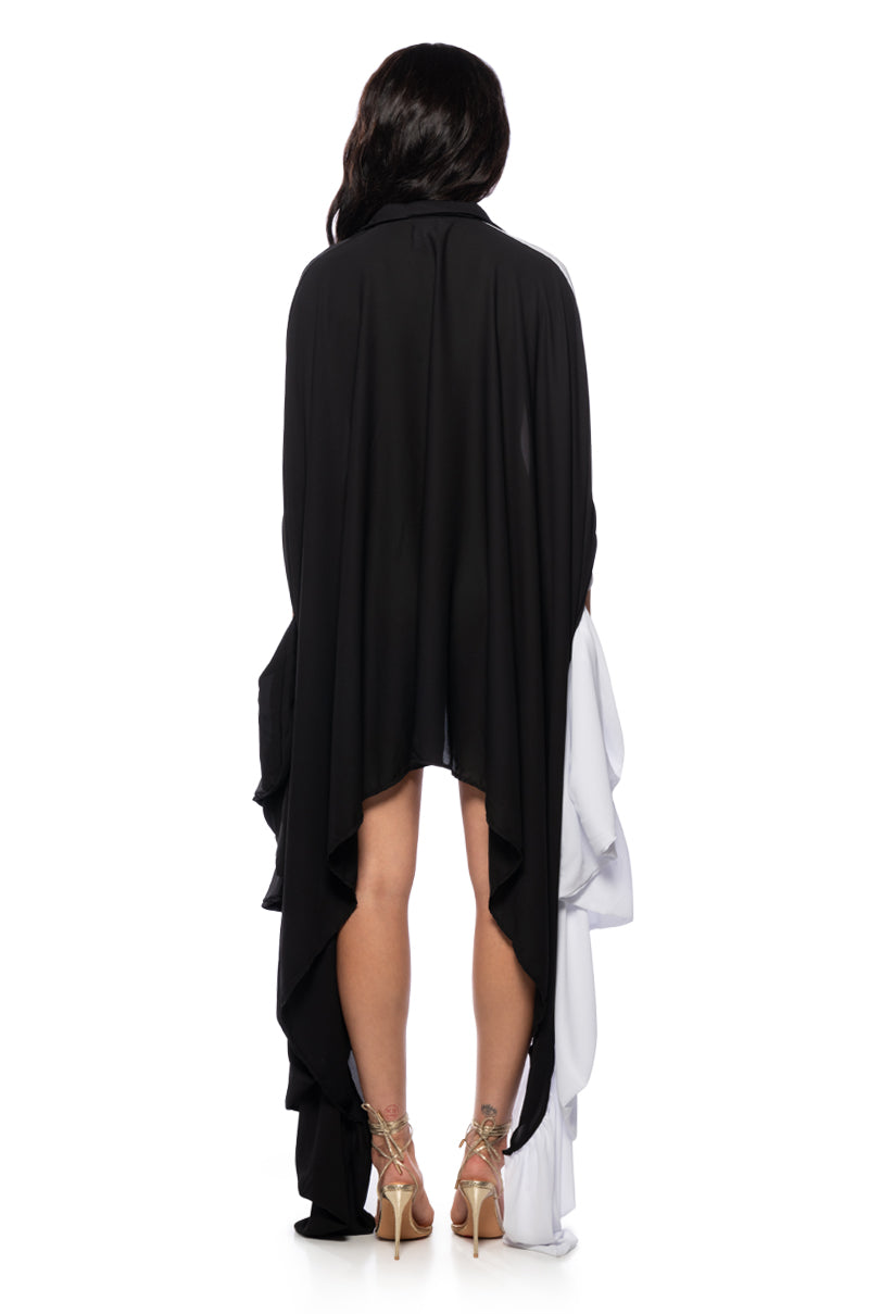 SPLIT DECISION HIGH COLLAR FLOWY MINI DRESS