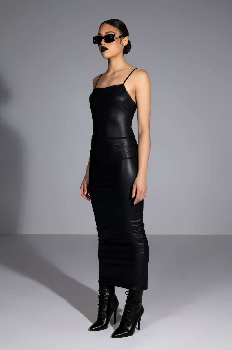 UP TO NO GOOD SLEEVELESS FAUX LEATHER MIDI DRESS WITH FOUR WAY STRETCH IN BLACK