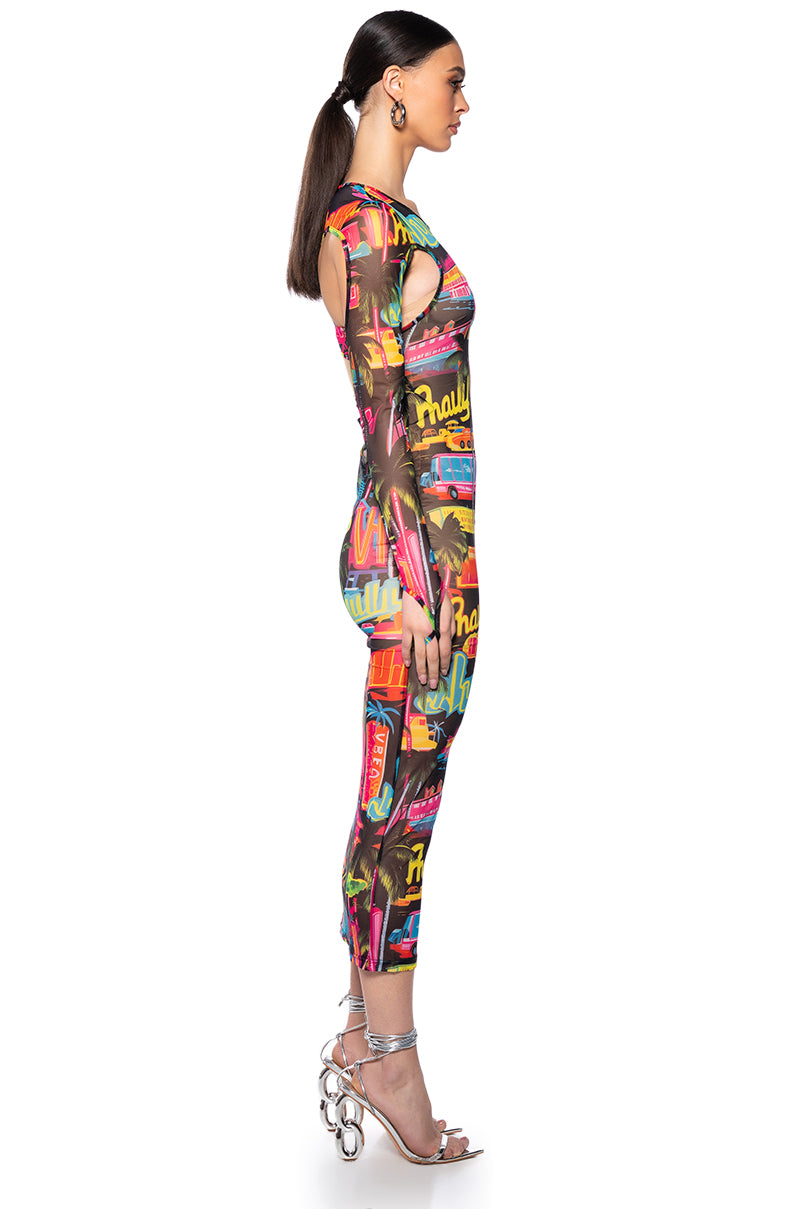 MIAMI VIBES PRINTED MESH MAXI DRESS