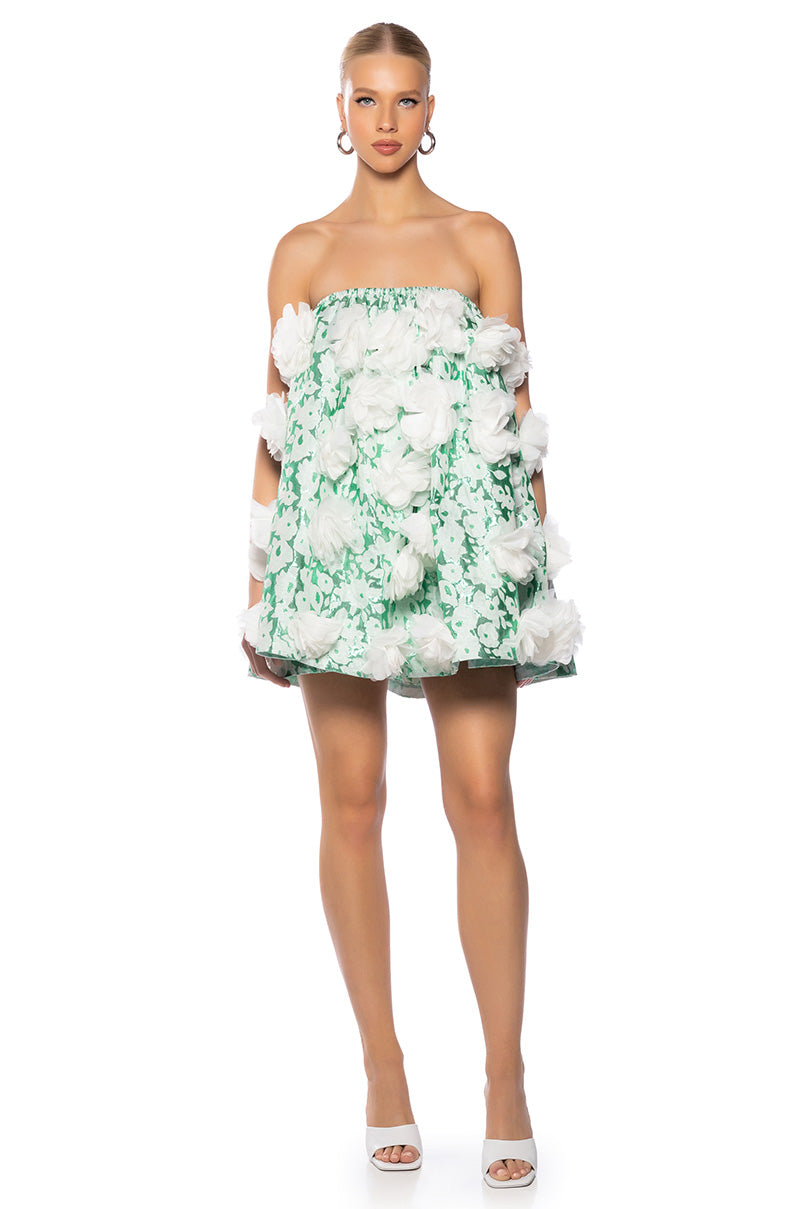 DRAMATIC FLORAL PUFF DETAIL STRAPLESS MINI DRESS