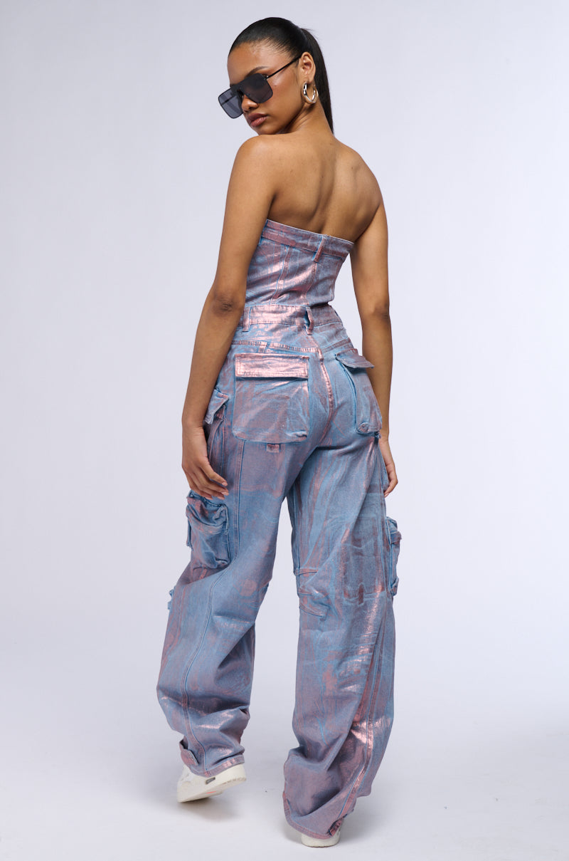 STAR OF THE SHOW METALLIC DENIM JUMPSUIT IN ROSE GOLD