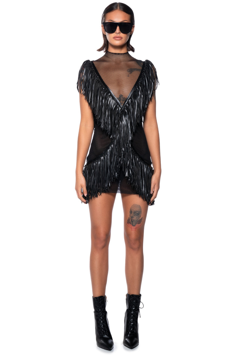 SHAKE YOUR TAIL FEATHERS FRINGE MESH MINI DRESS