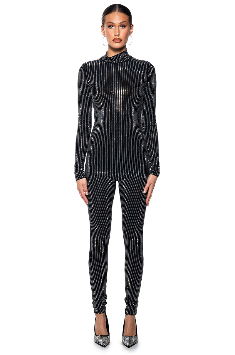 ALL ABOUT ME STRIPED RHINESTONE JUMPSUIT