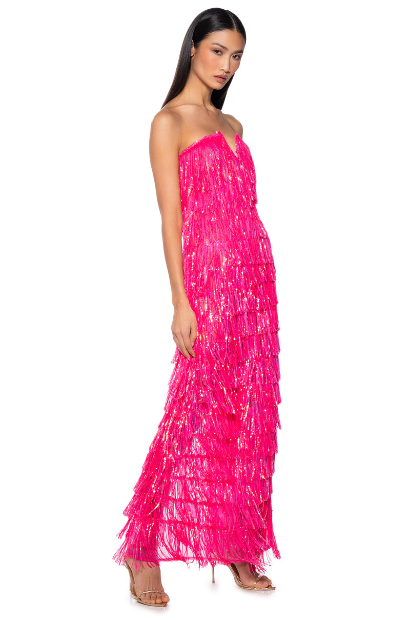 TOP OF THE WORLD STRAPLESS SEQUIN FRINGE MAXI DRESS IN FUCHSIA