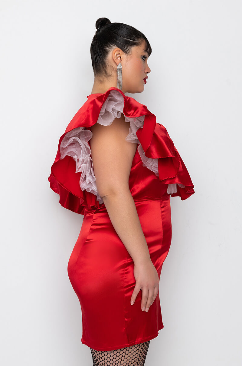 PLUS BACKOFF POWER SHOULDER SATIN MINI DRESS