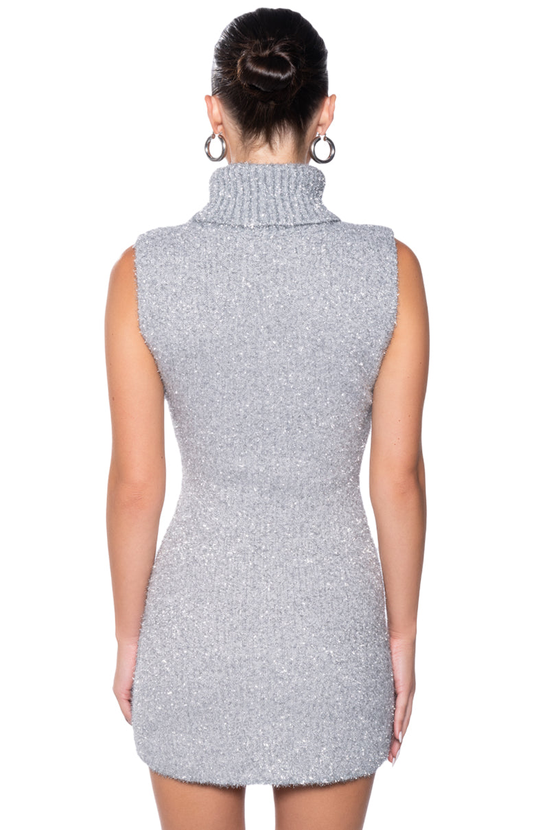 SPARK FOR LIFE KNIT GLITTER MINI DRESS IN SILVER