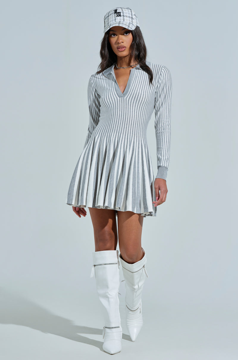 ALINA PLEATED KNIT FIT AND FLARE MINI DRESS WITH LONG SLEEVES