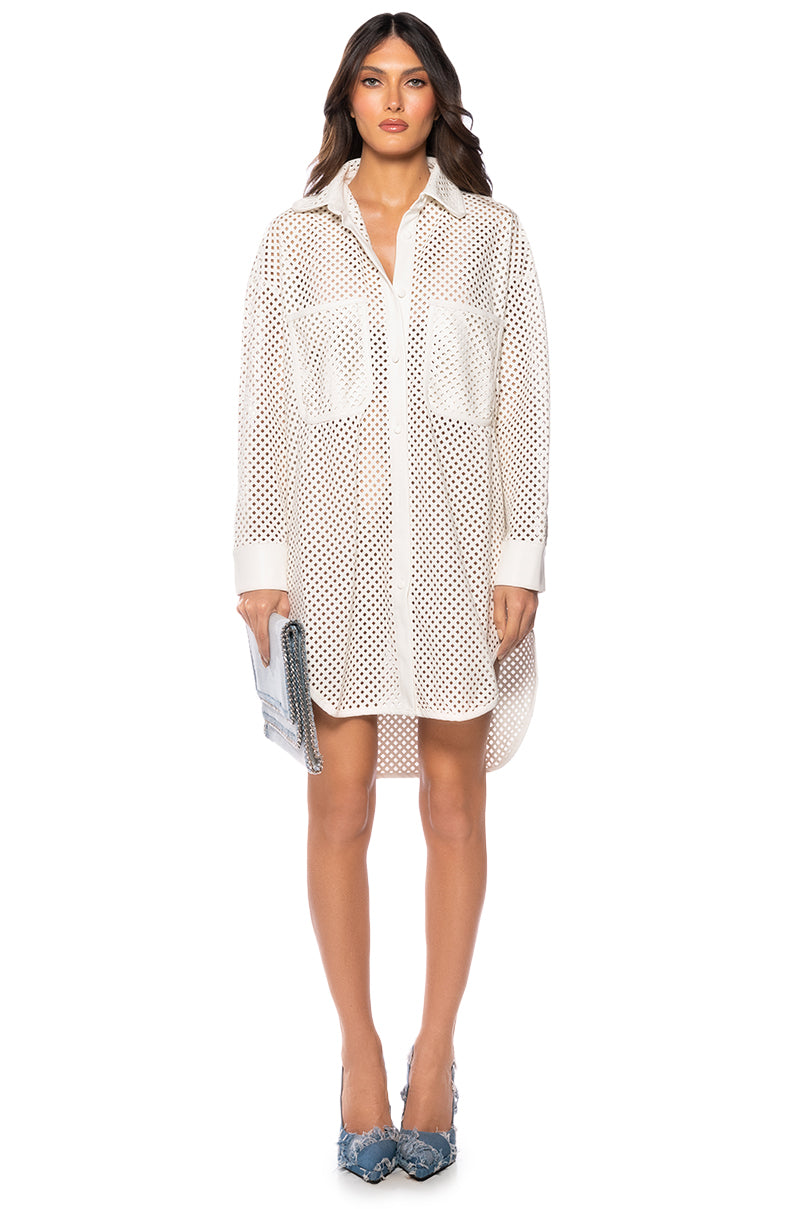 PICNIC MODE LASER CUT FAUX LEATHER BUTTON DOWN MINI DRESS IN WHITE