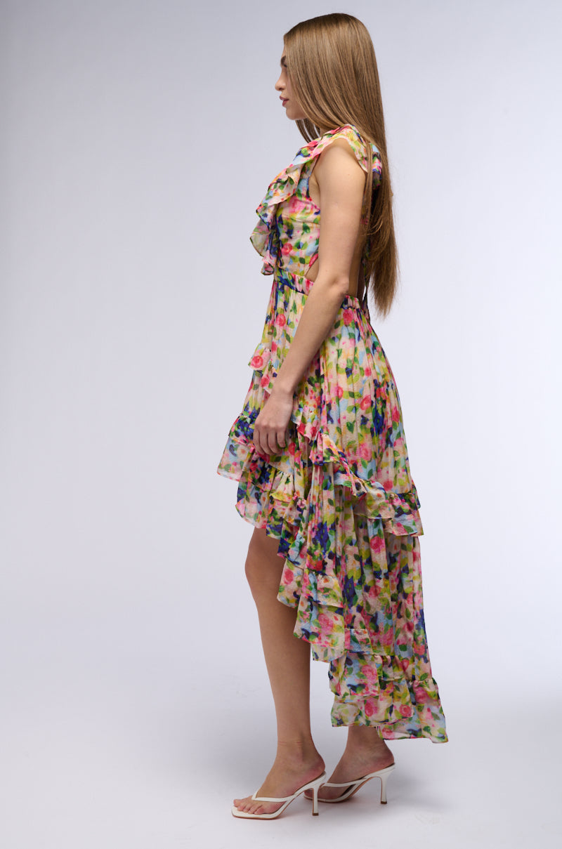 A WORK OF ART PRINTED HIGH LOW MINI DRESS