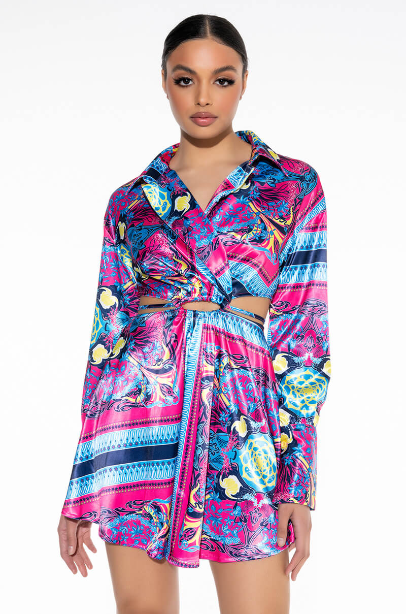 TIE BACK SCARF PRINT SHIRT DRESS