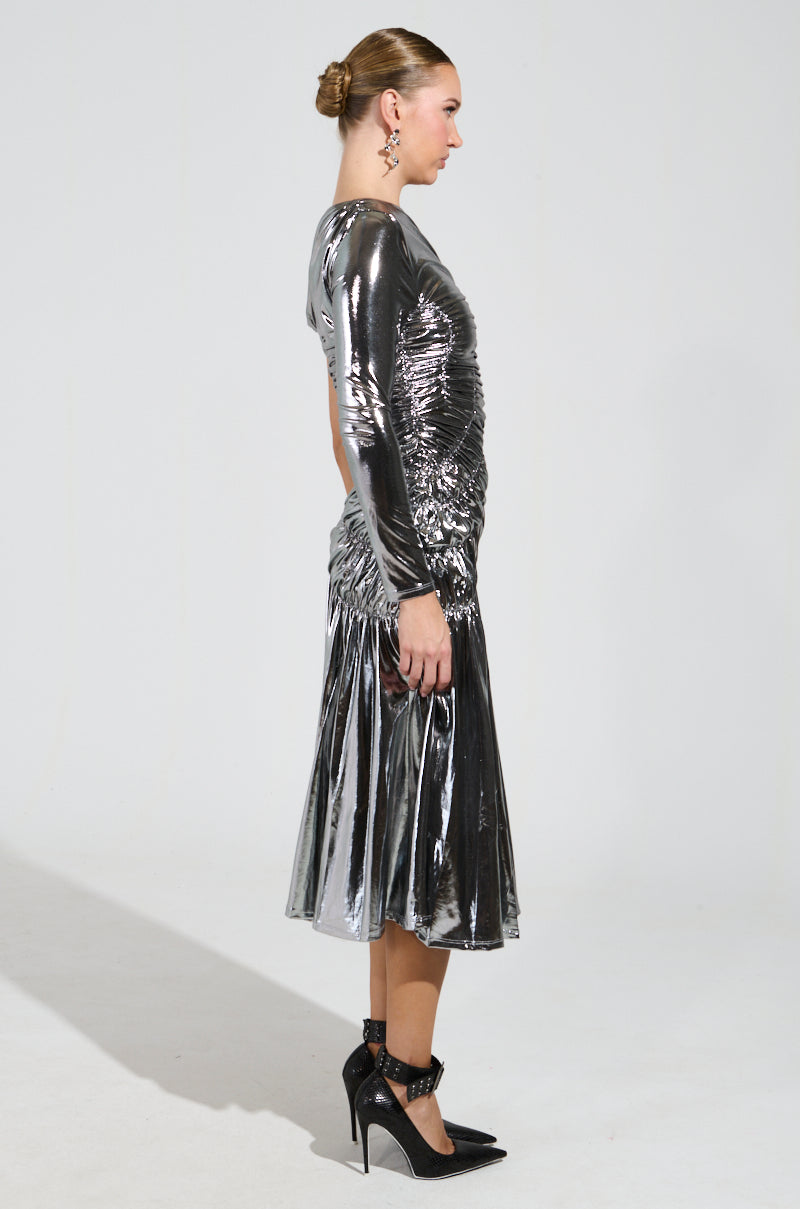 TURN BACK TIME SILVER METALLIC MIDI DRESS