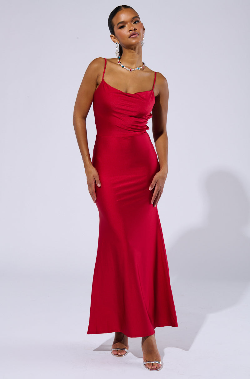 LADY IN RED COWL NECK MIDI DRESS