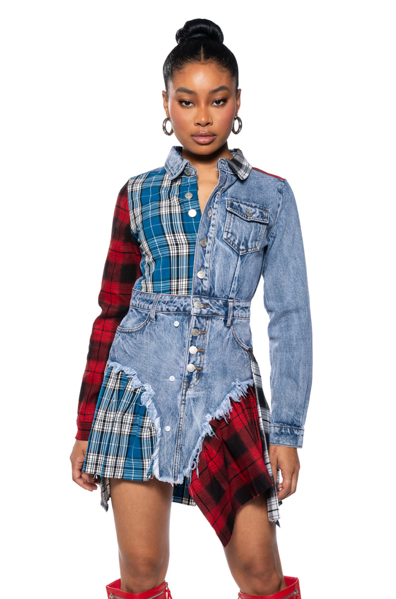 PATCHWORK PLAID DENIM MINI DRESS