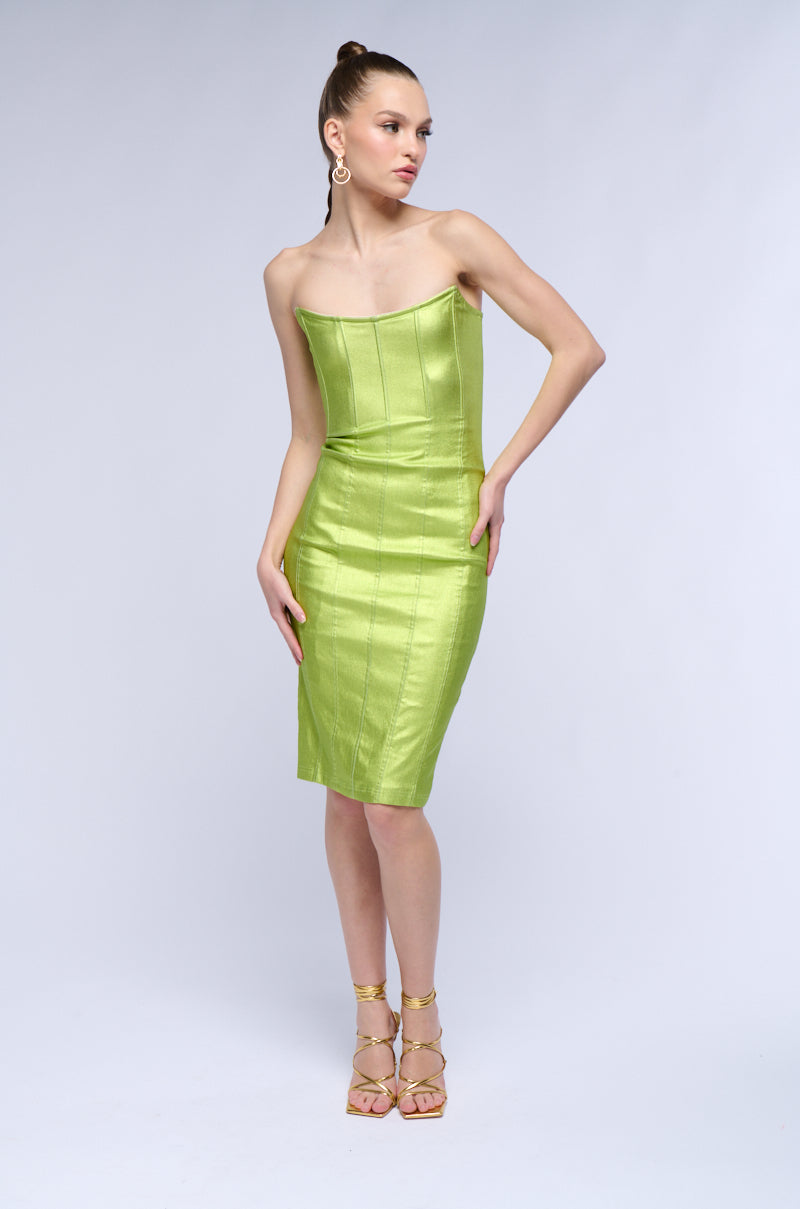 MEET ME IN THE METALLICS MIDI DRESS IN LIME