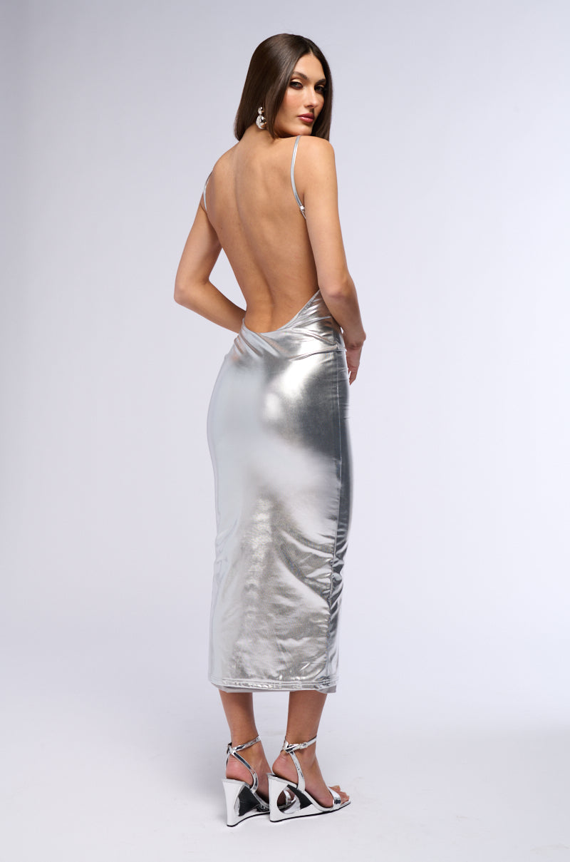 GLOW BABY BACKLESS METALLIC MAXI DRESS IN SILVER