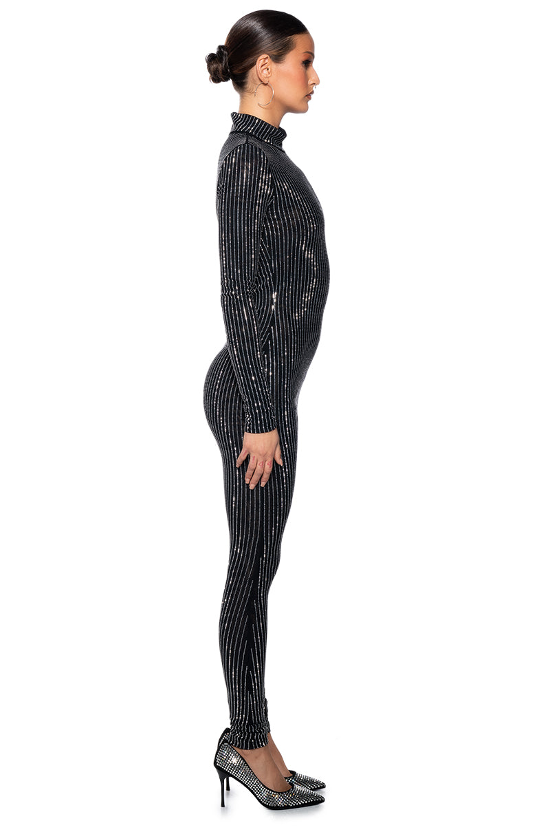 ALL ABOUT ME STRIPED RHINESTONE JUMPSUIT