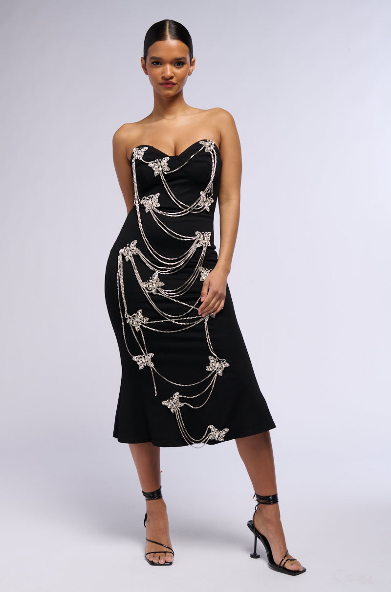 FLY AWAY BUTTERFLY EMBELLISHED MIDI DRESS