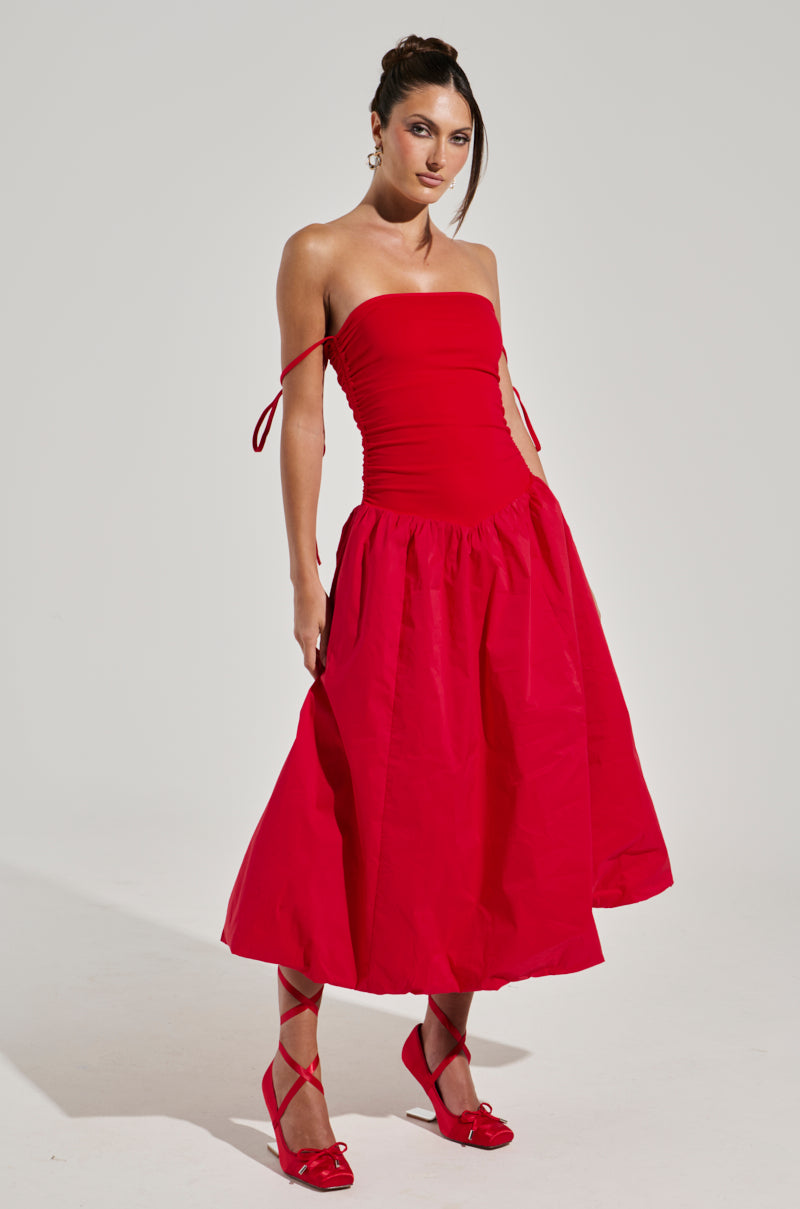 SITTING PRETTY POPLIN MIDI DRESS IN RED