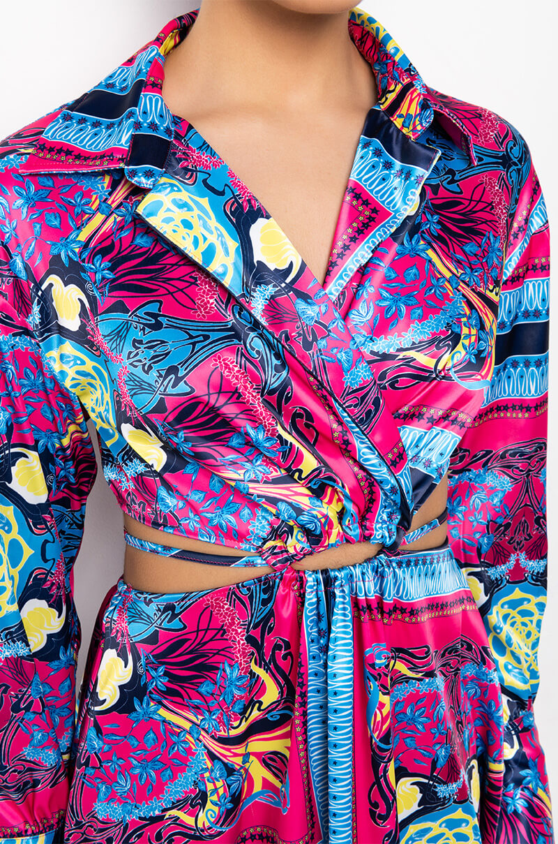 TIE BACK SCARF PRINT SHIRT DRESS