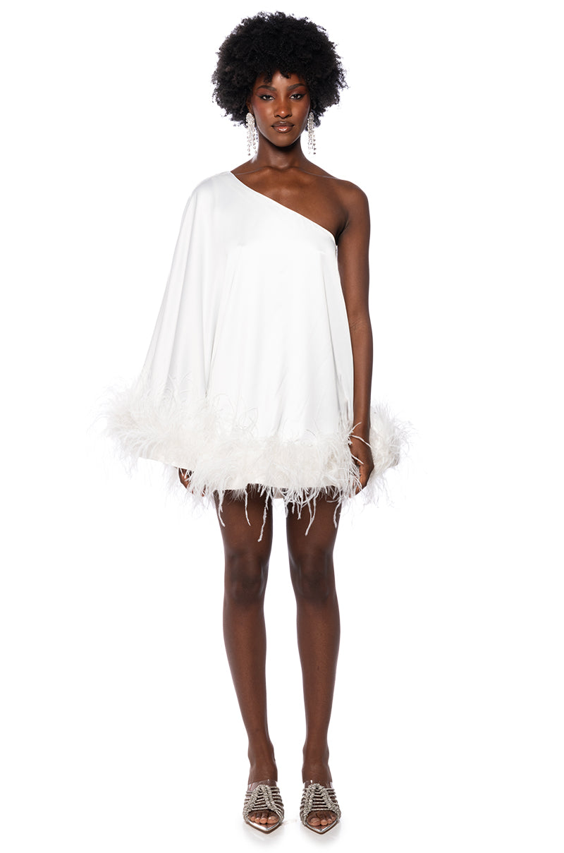 ISNT IT LOVELY ONE SHOULDER FEATHER HEM MINI DRESS IN WHITE