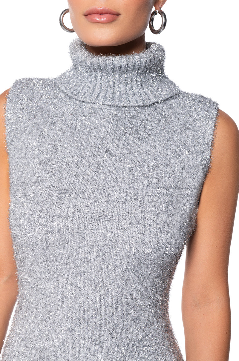 SPARK FOR LIFE KNIT GLITTER MINI DRESS IN SILVER