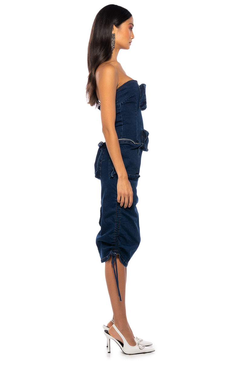 CHARLIE DENIM CARGO STRAPLESS MIDI DRESS