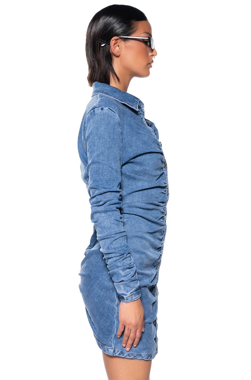 FLEX FIT RUCHED BUTTON DOWN LONG SLEEVE MINI DRESS