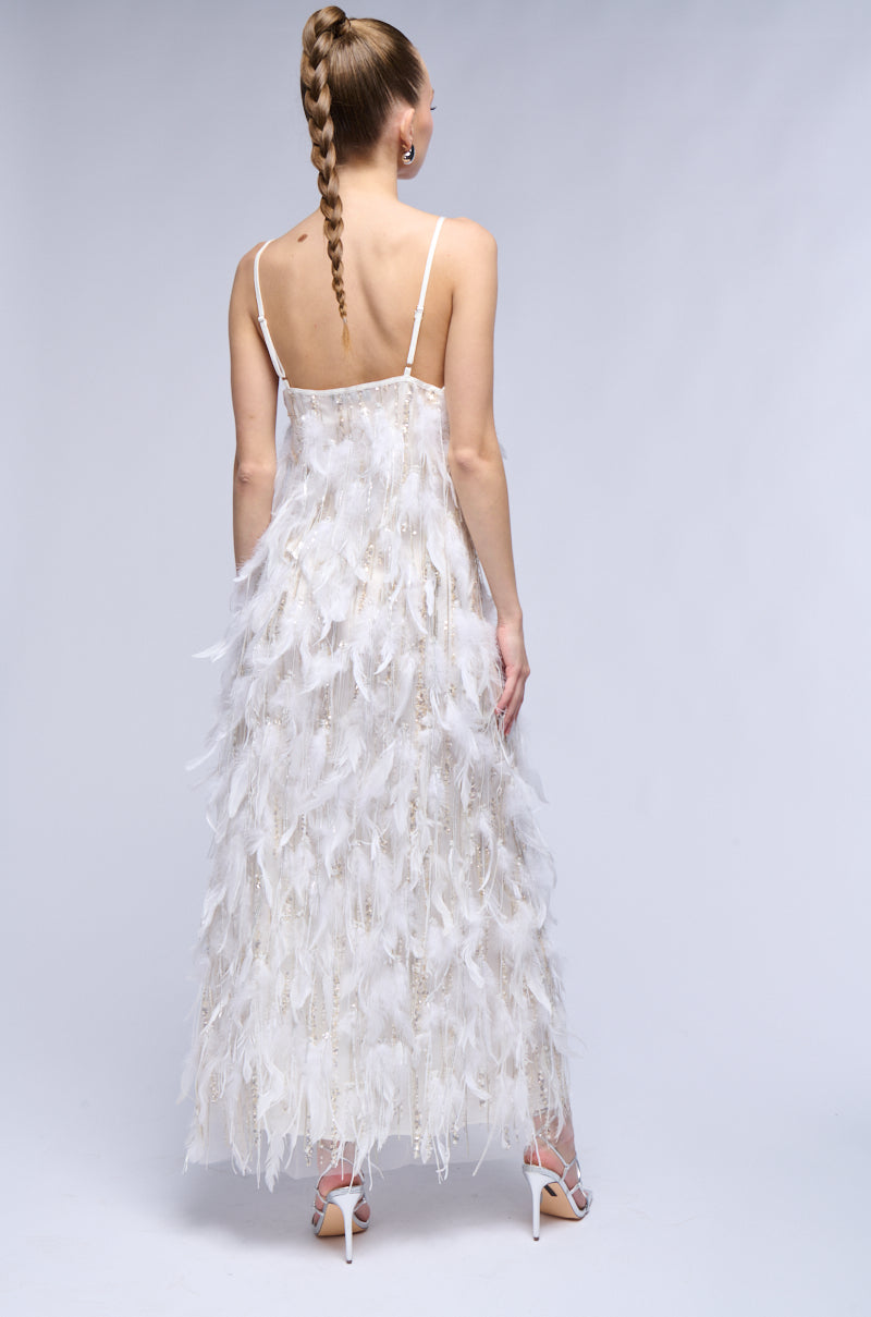 DREAM GIRL FEATHER EMBELLISHED MAXI DRESS