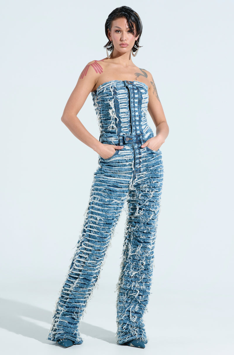 I DONT CHASE I ATTRACT DISTRESSED DARK BLUE DENIM JUMPSUIT