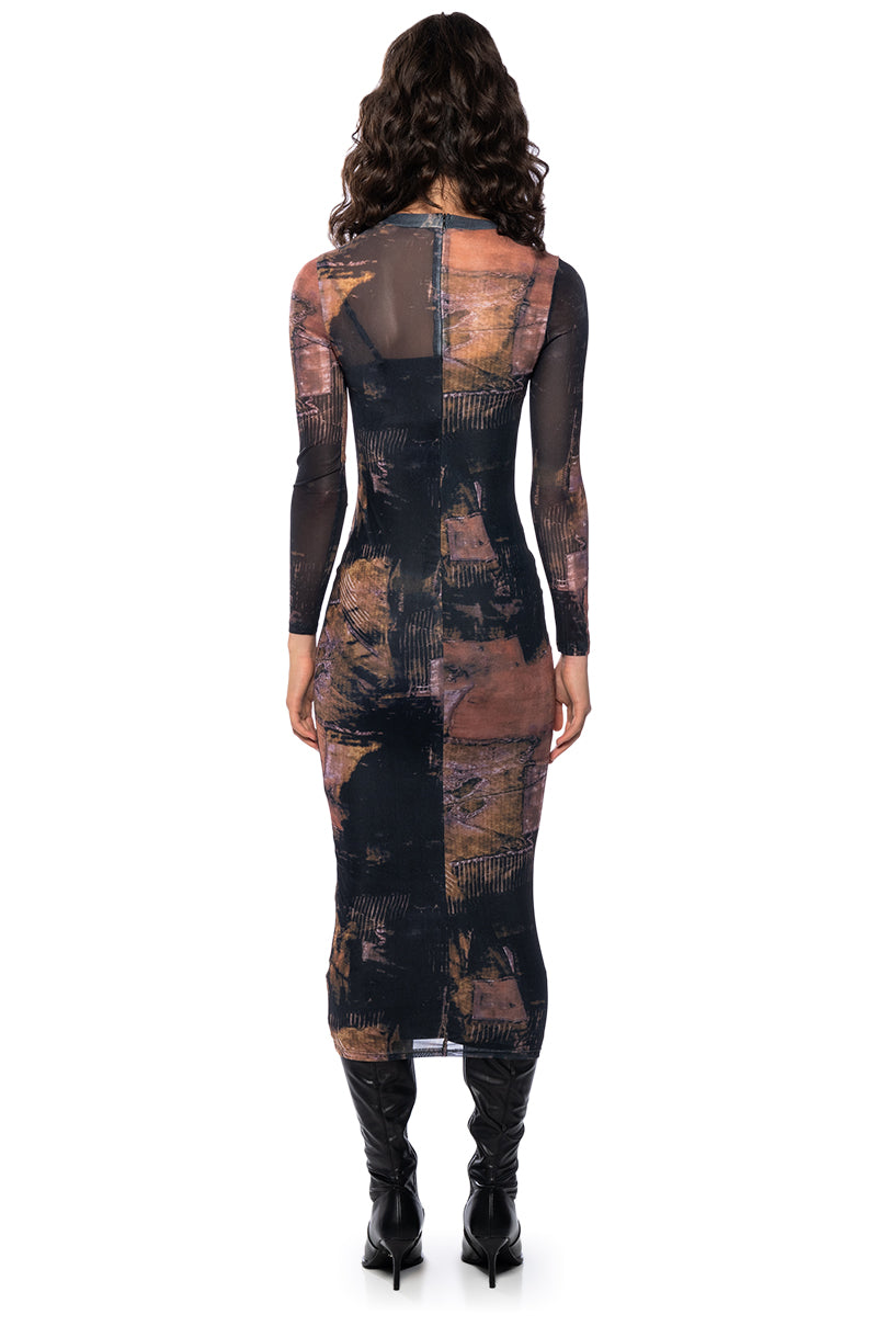 MATTY LONG SLEEVE PRINTED MESH DRESS