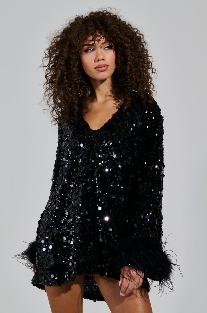 WOKE UP LIKE THIS SEQUIN MINI DRESS WITH FEATHERS