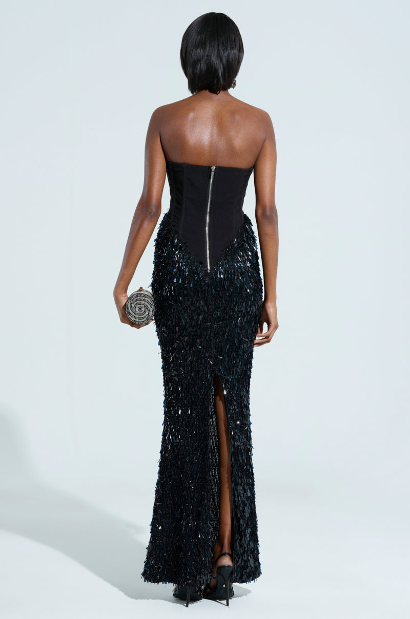 THE MAIN EVENT SEQUIN CORSET MAXI DRESS