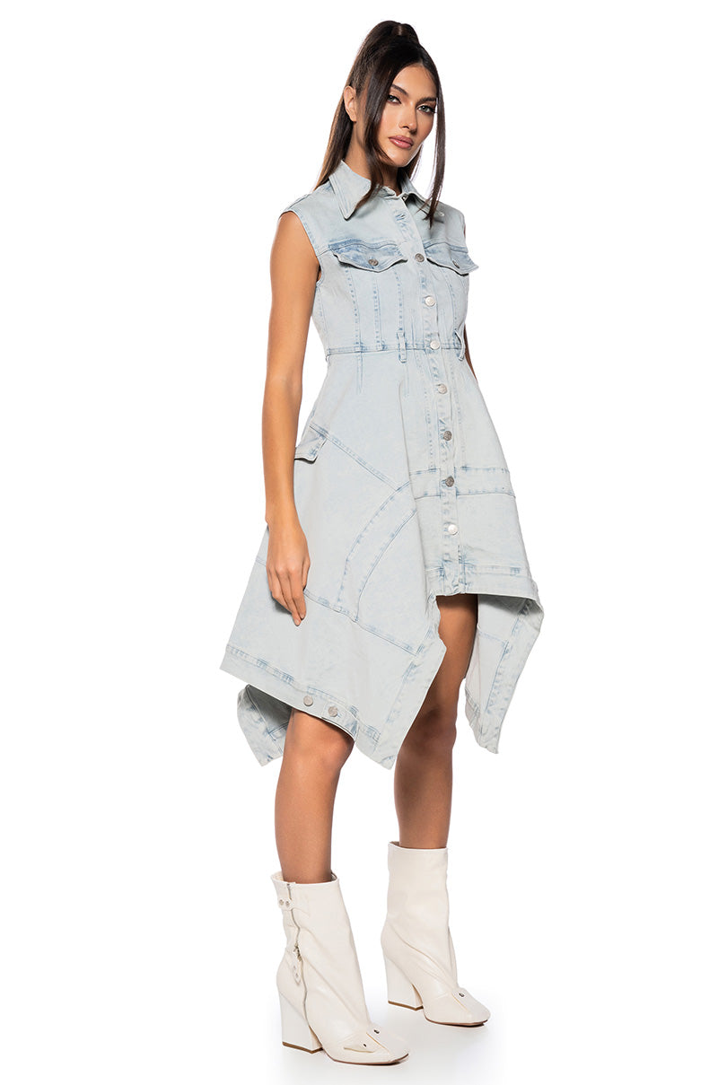 WINONA CAP SLEEVE BUTTON DOWN DENIM MIDI DRESS