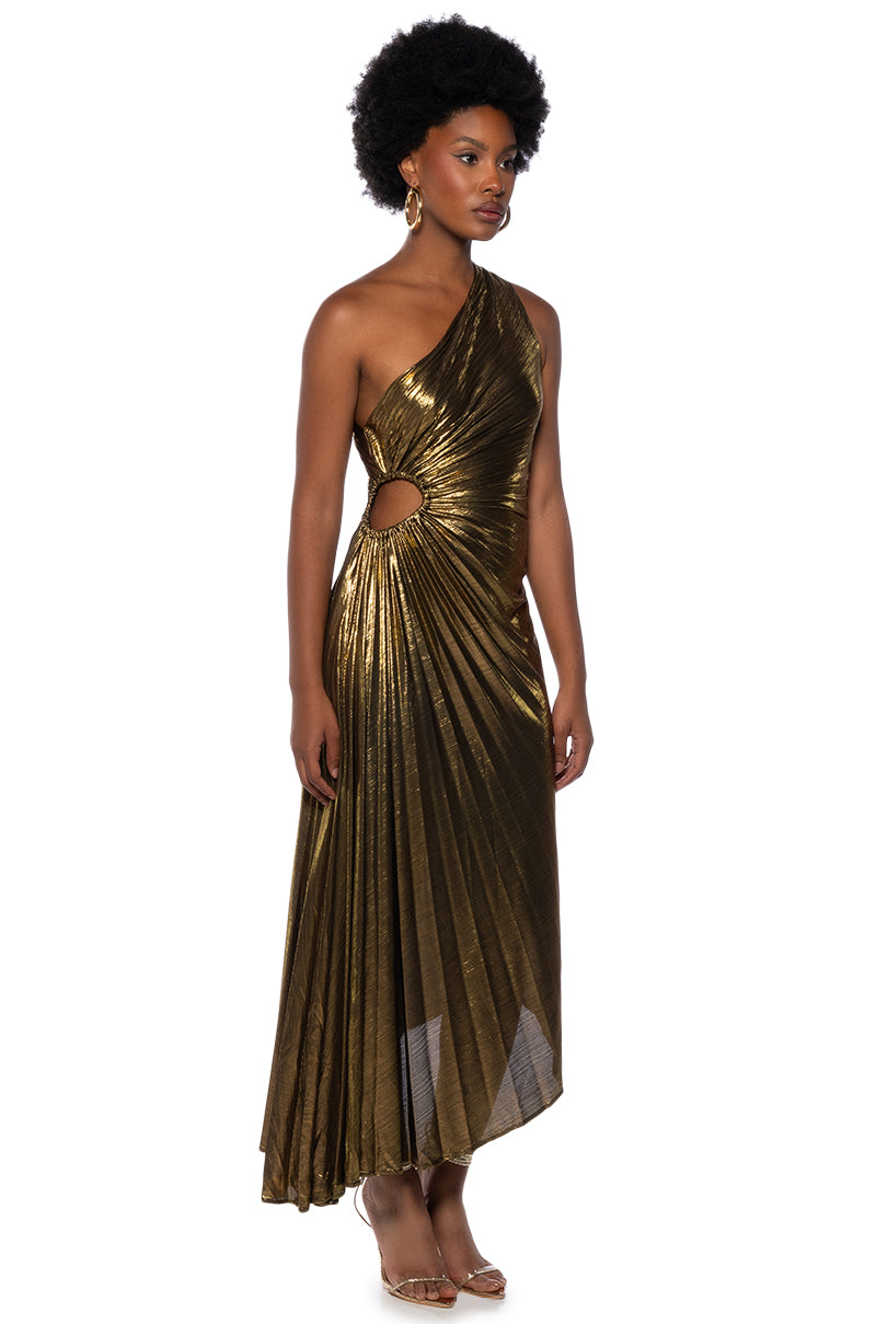 ELEVATE ME PLEATED CUT OUT METALLIC MIDI DRESS