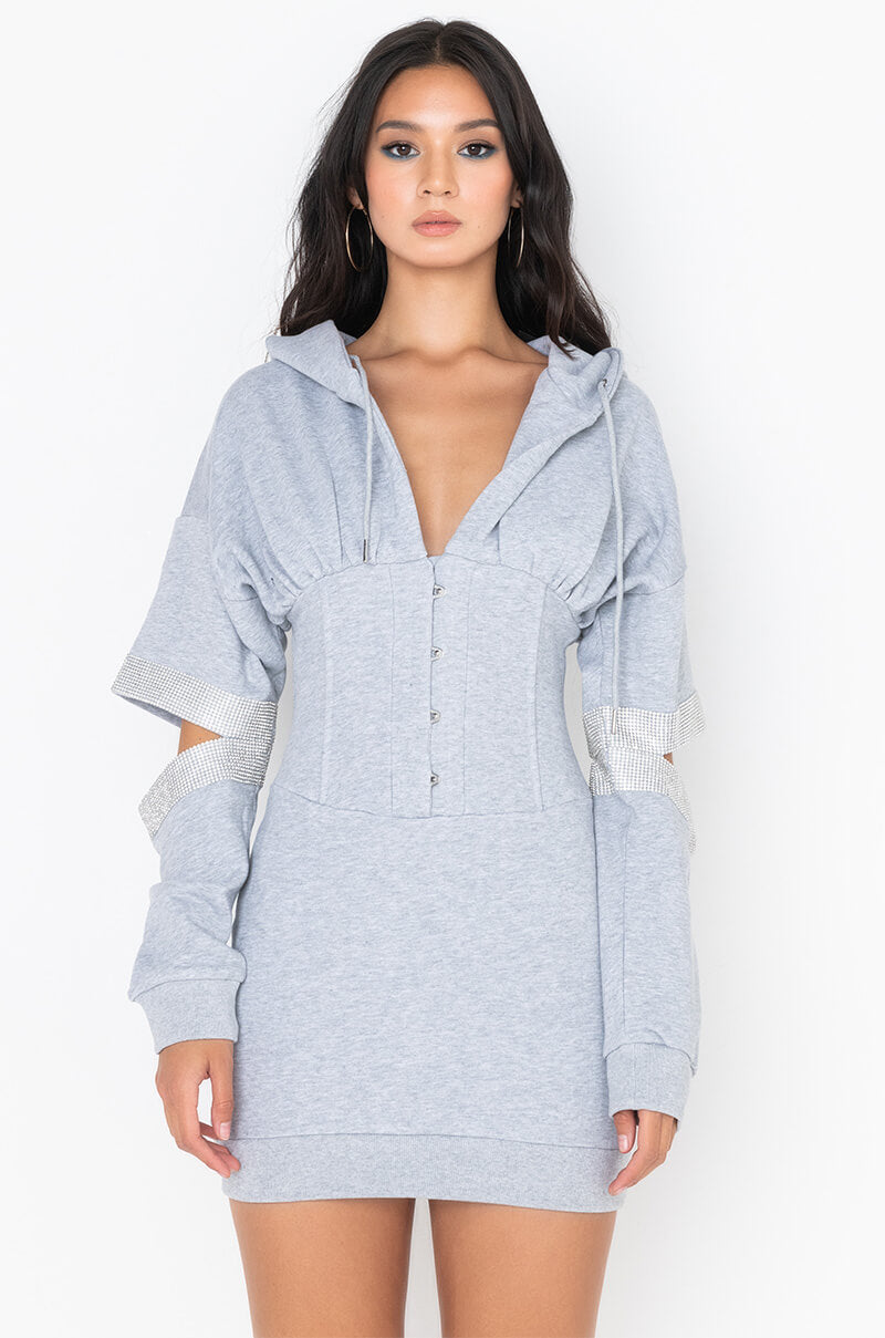 NO ONE LIKE YOU SWEATSHIRT DRESS WITH ATTACHED CORSET HEATHER CHARCOAL