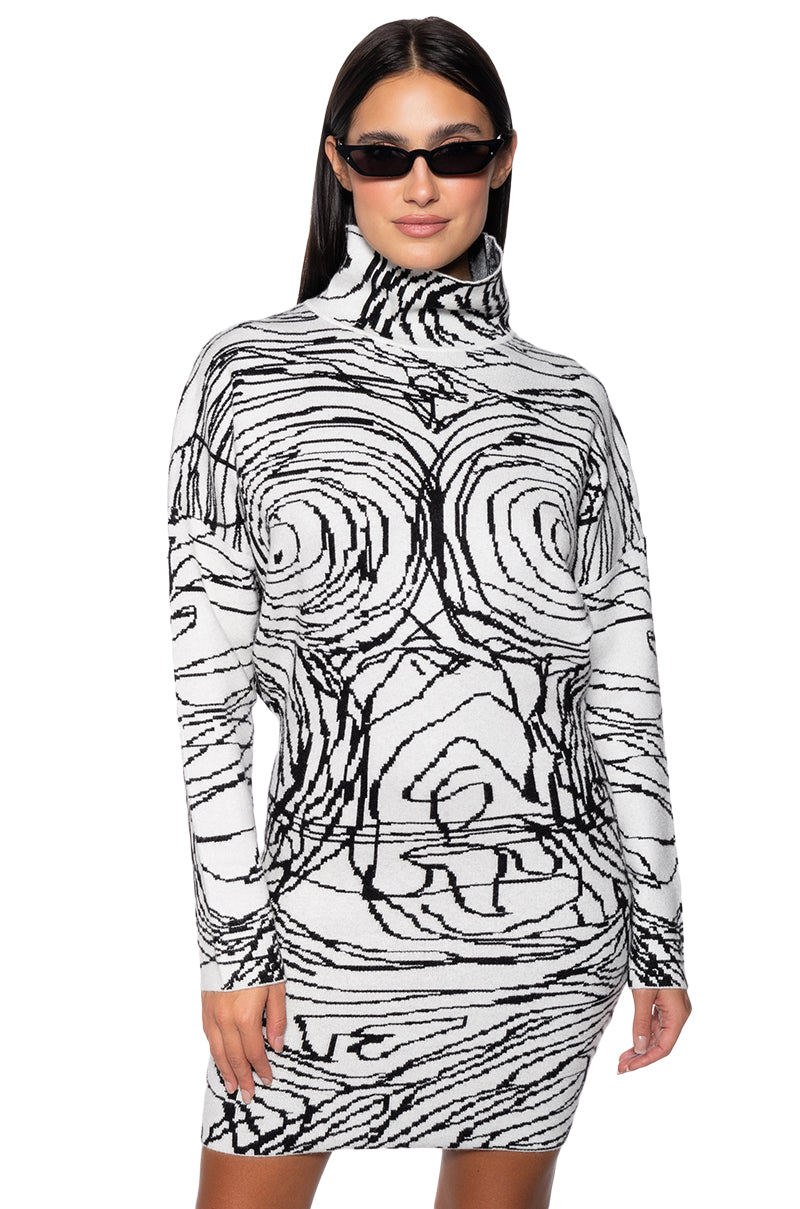 BODY WORK ABSTRACT LONG SLEEVE KNIT MINI DRESS