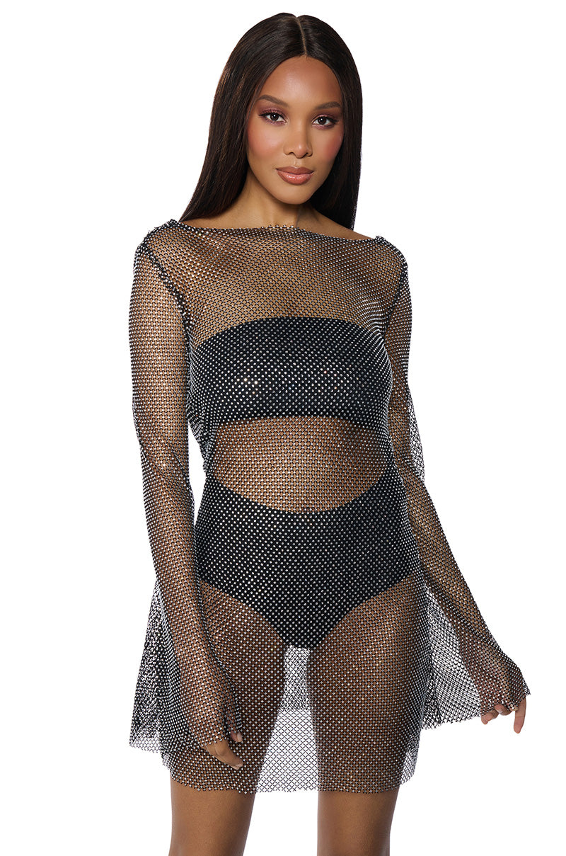 SHE ALL THAT RHINESTONE MESH MINI DRESS IN BLACK