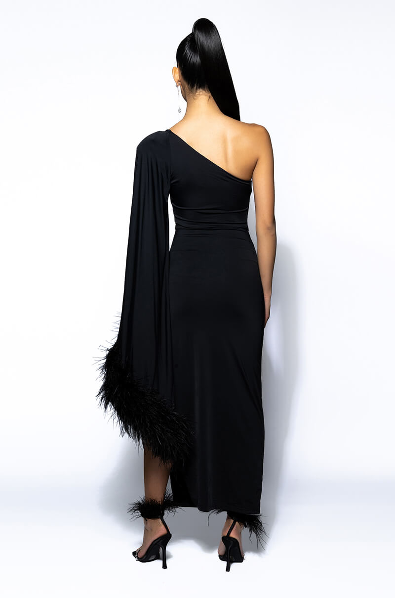 BRING THE DRAMA ONE SLEEVE FEATHER DRESS