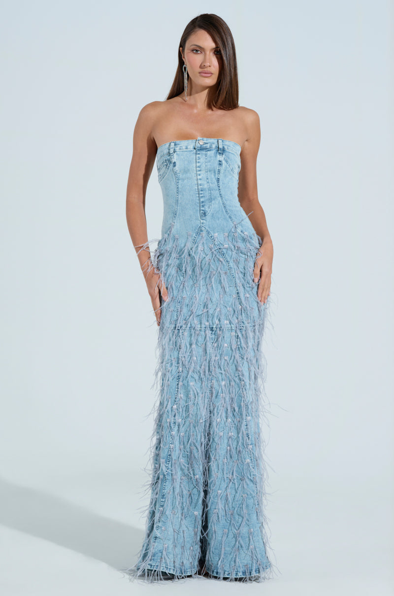 BRITTANY FEATHER DENIM MAXI DRESS