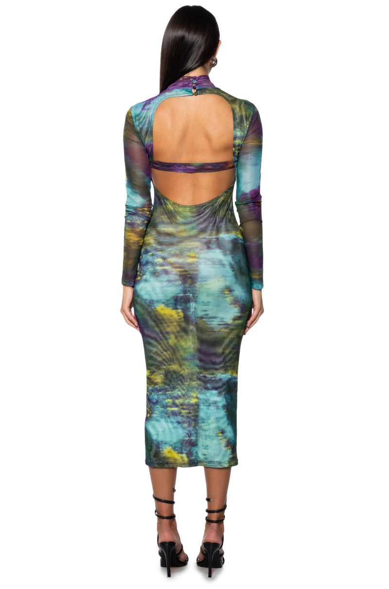 WATERCOLOR PRINTED MESH MIDI DRESS