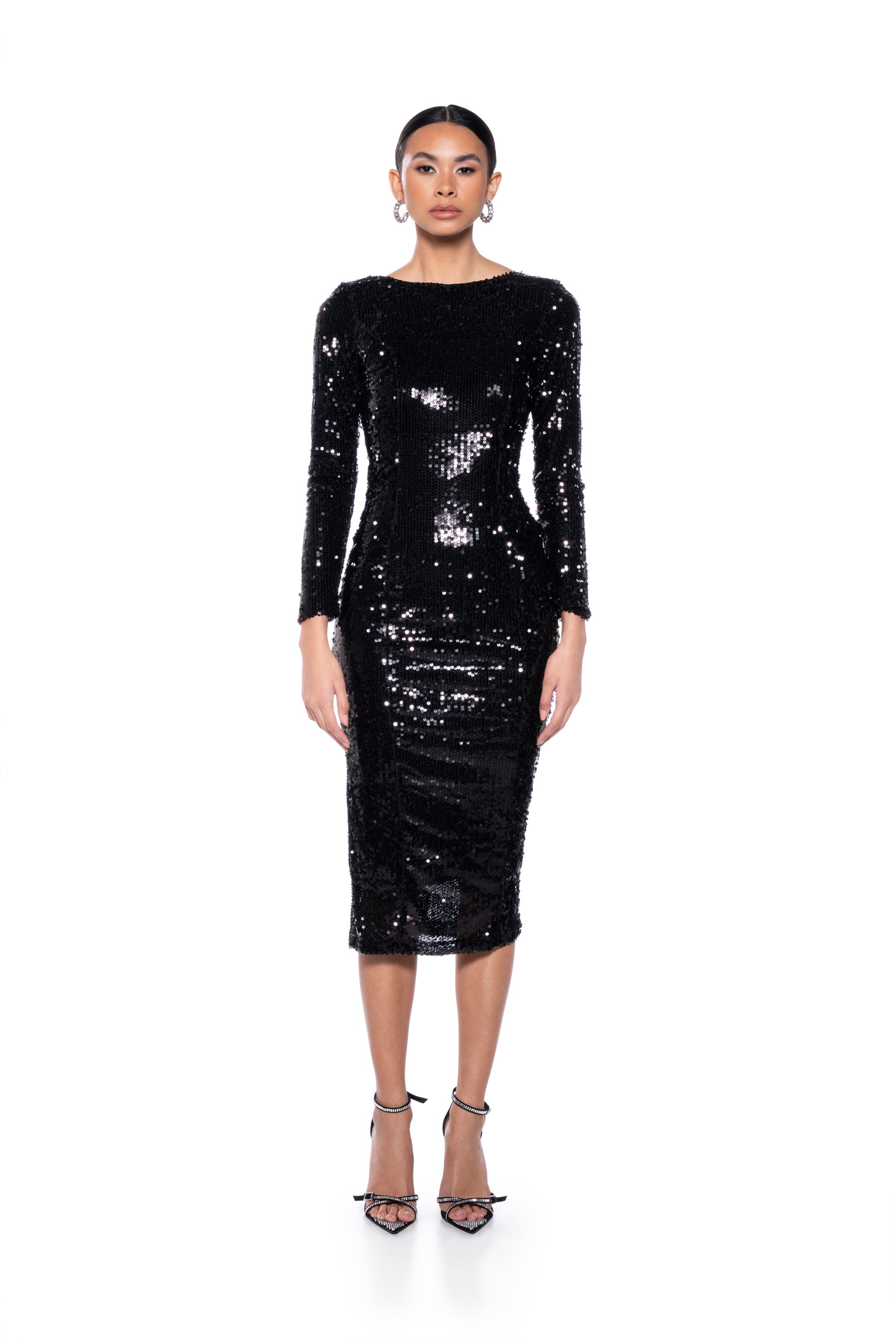 ELINA LONG SLEEVE SEQUIN MIDI DRESS