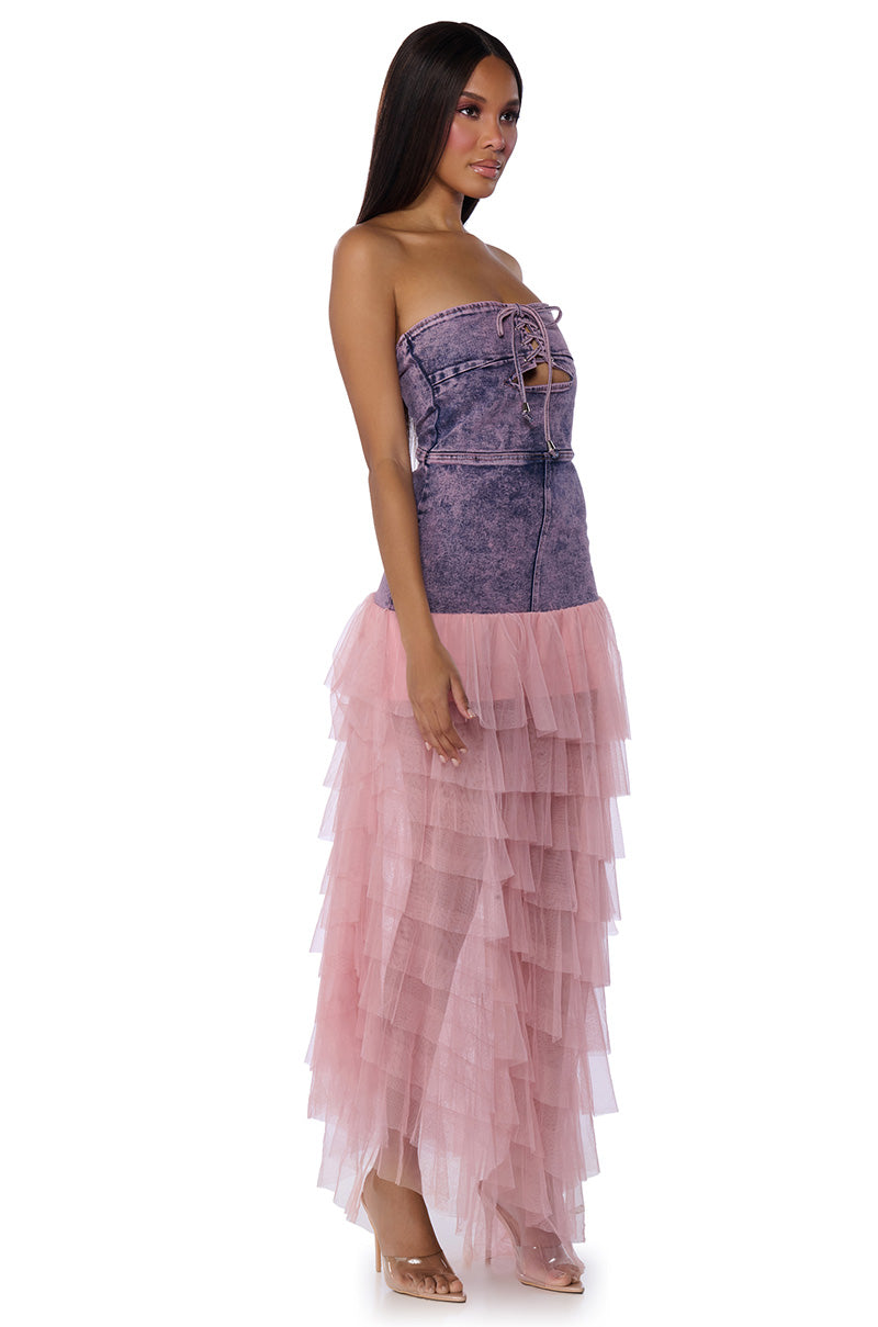 SHARPAY RUFFLE DENIM MAXI DRESS