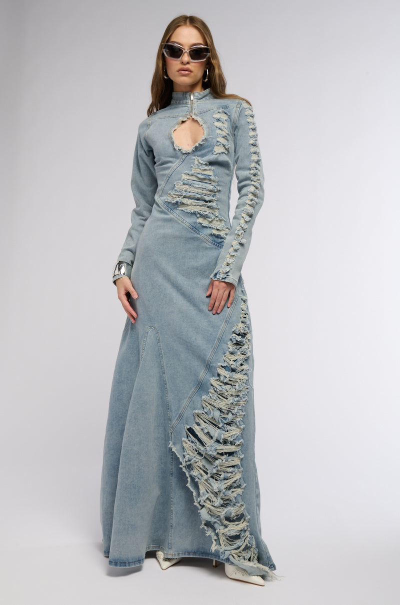 ON THE EDGE DISTRESSED DENIM MAXI DRESS