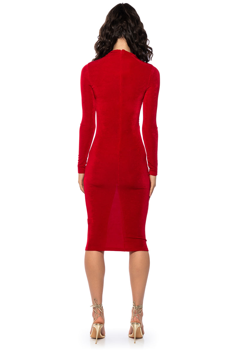 ARIANA RUCHED LONG SLEEVE FUNNEL NECK MIDI DRESS