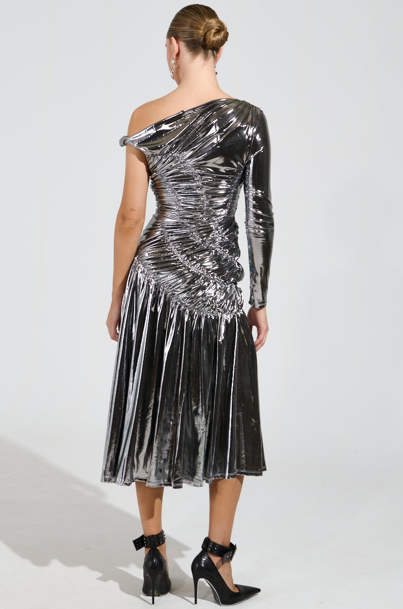 TURN BACK TIME SILVER METALLIC MIDI DRESS